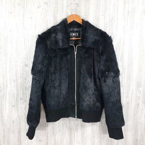 Vintage Black Rabbit Fur Coat Suede Leather Jacket Bomber Y2K